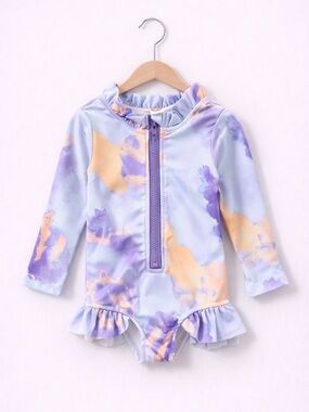 NEW Long-Sleeve Ruffle Hem One-Piece Swimsuit in Lavender Tie-Dye, 18-24M